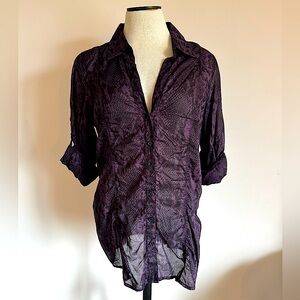 EXPRESS Purple Snakeskin Print Sheer Y2K Deep V Button Down Shirt Large NWT